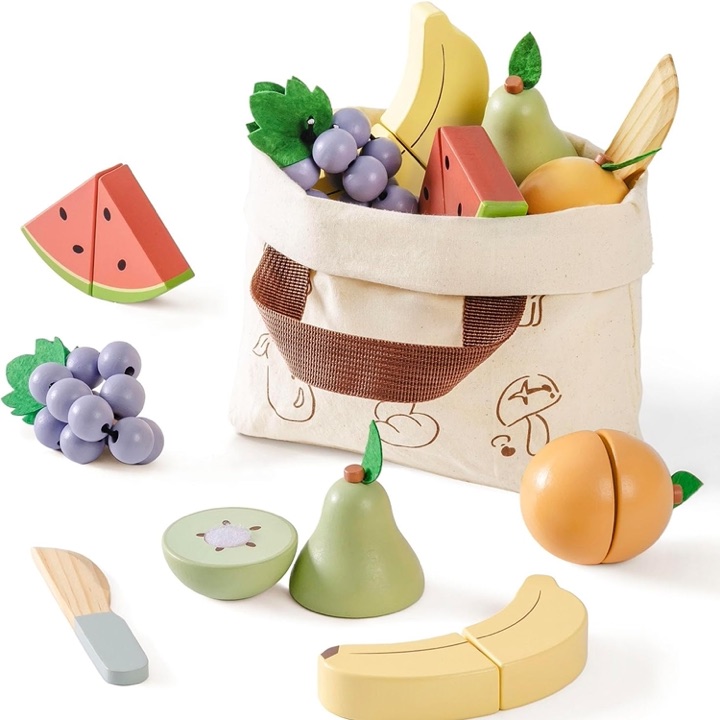 Wooden cutting fruit play set with a cloth bag and a wooden knife